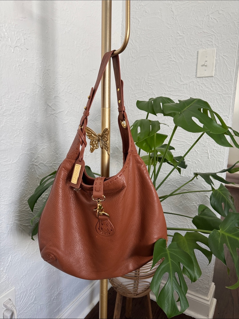 Badgley Mischka Saddle Brown Pebbled Leather Shoulder Bag with Gold Hardware
